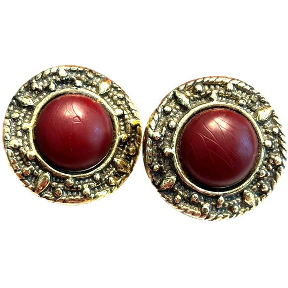 Chunky clip on earrings textured gold rounds faux wood centers classic vintage - Picture 1 of 6